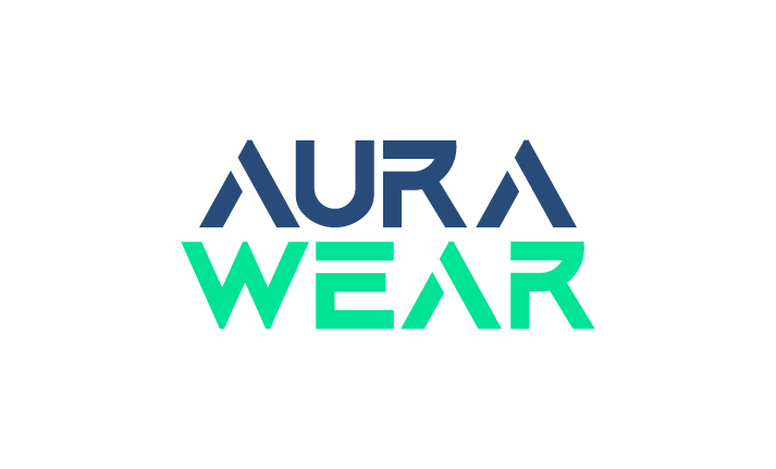 Aurawear logo: the wordmark AURA WEAR in navy and green
