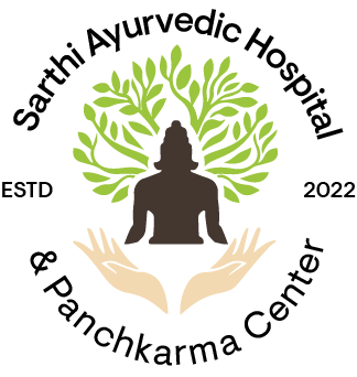 Sarthi Ayurvedic Hospital new emblem: a tree of healing above a seated figure, with open hands beneath