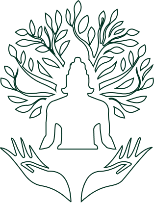 Construction outline of the Sarthi mark: a tree of healing above a seated figure, with hands beneath