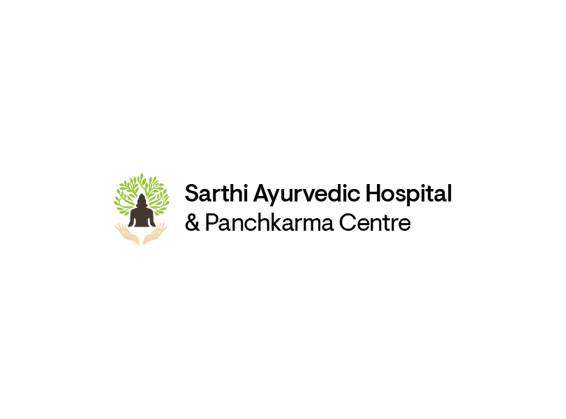 Sarthi Ayurvedic Hospital logo: a tree of healing above a seated figure, with open hands beneath
