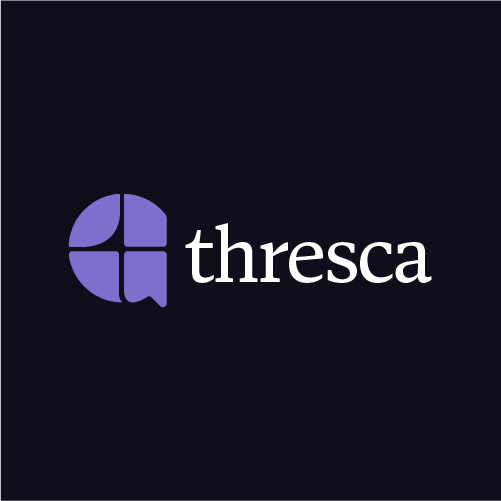 Thresca logo: a purple circular icon beside the wordmark, on dark background
